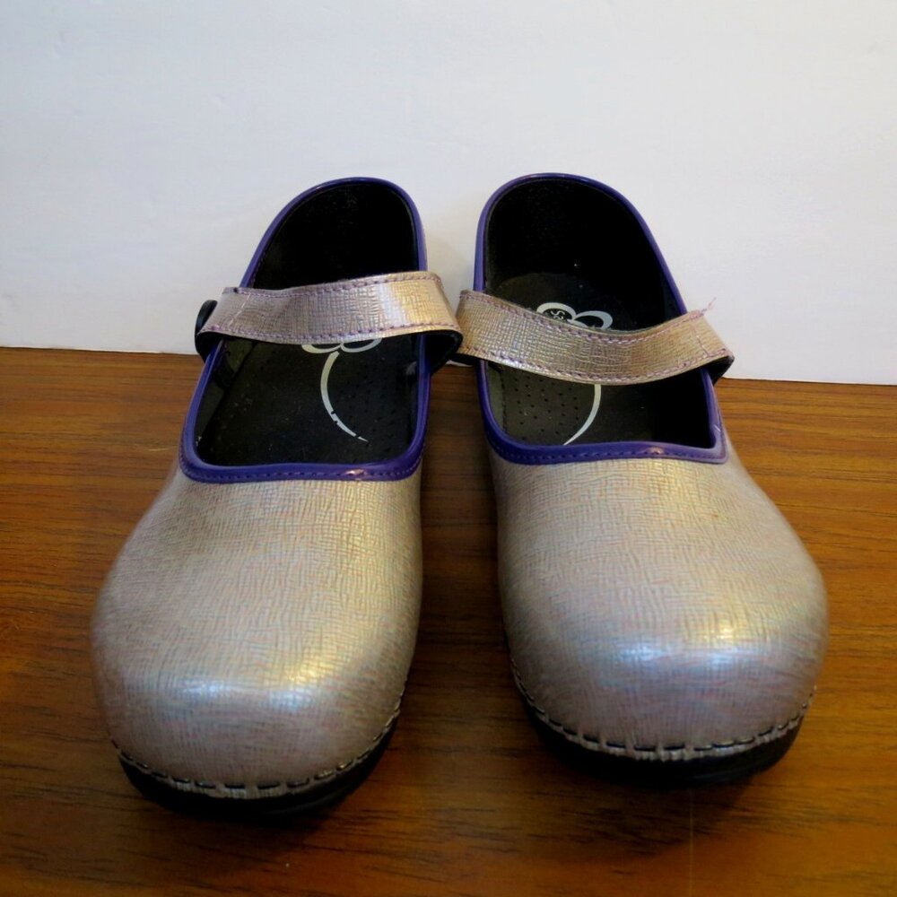 Sanita Metallic Pink Mary Jane Clogs with Purple Trim